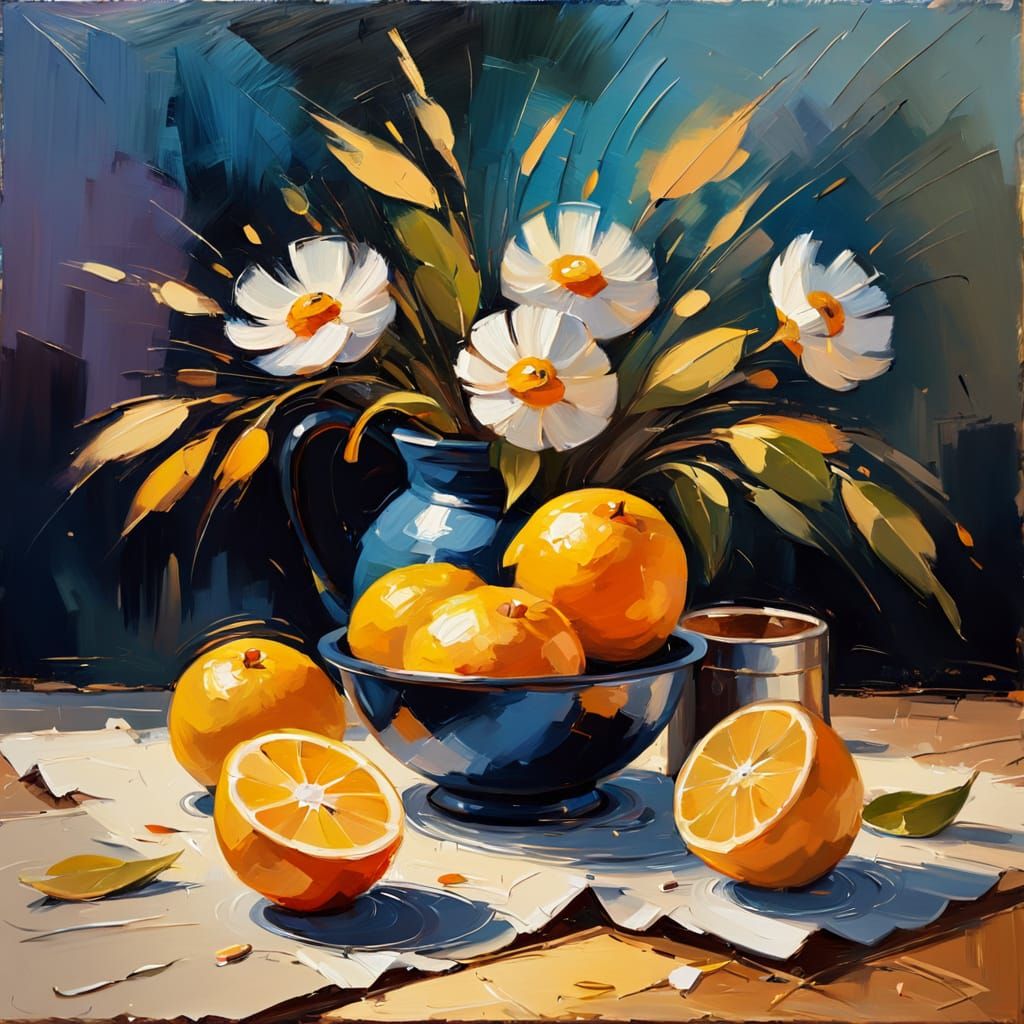Impressionist Still Life Oil Painting with Golden Light