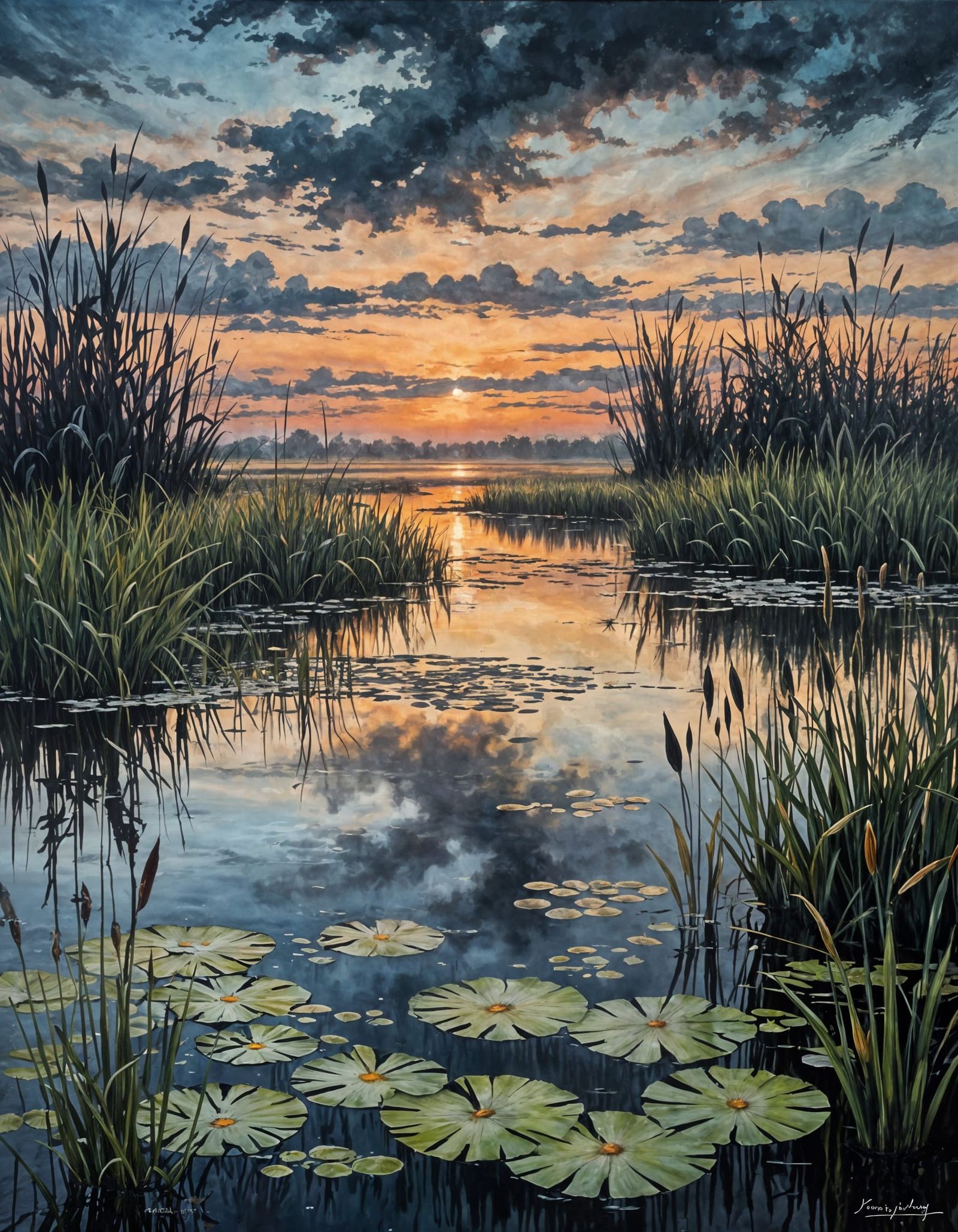 Surreal Oil Painting of Mystical Marshland at Sunrise