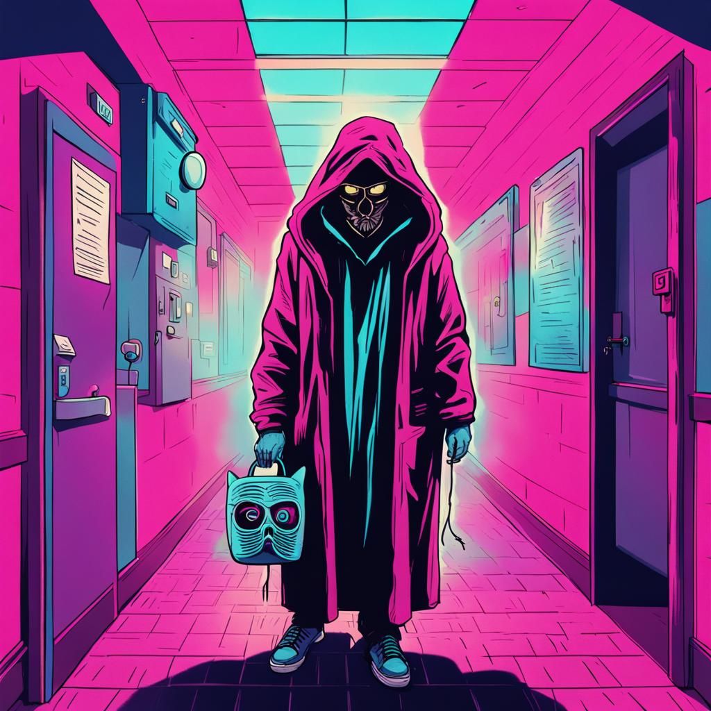 Cloaked Figure with Masks in Synthwave Style