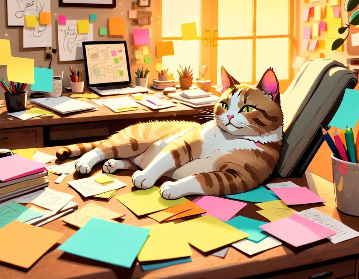 Cat Lounging on Desk in Whimsical Concept Art