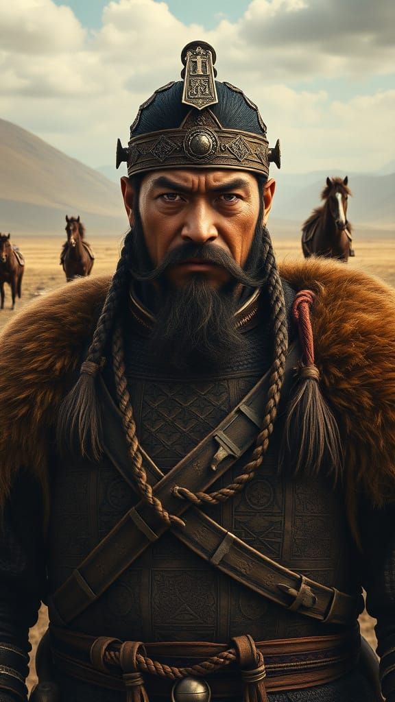Mongolian Warlord Genghis Khan in Traditional Armor and Fur-...