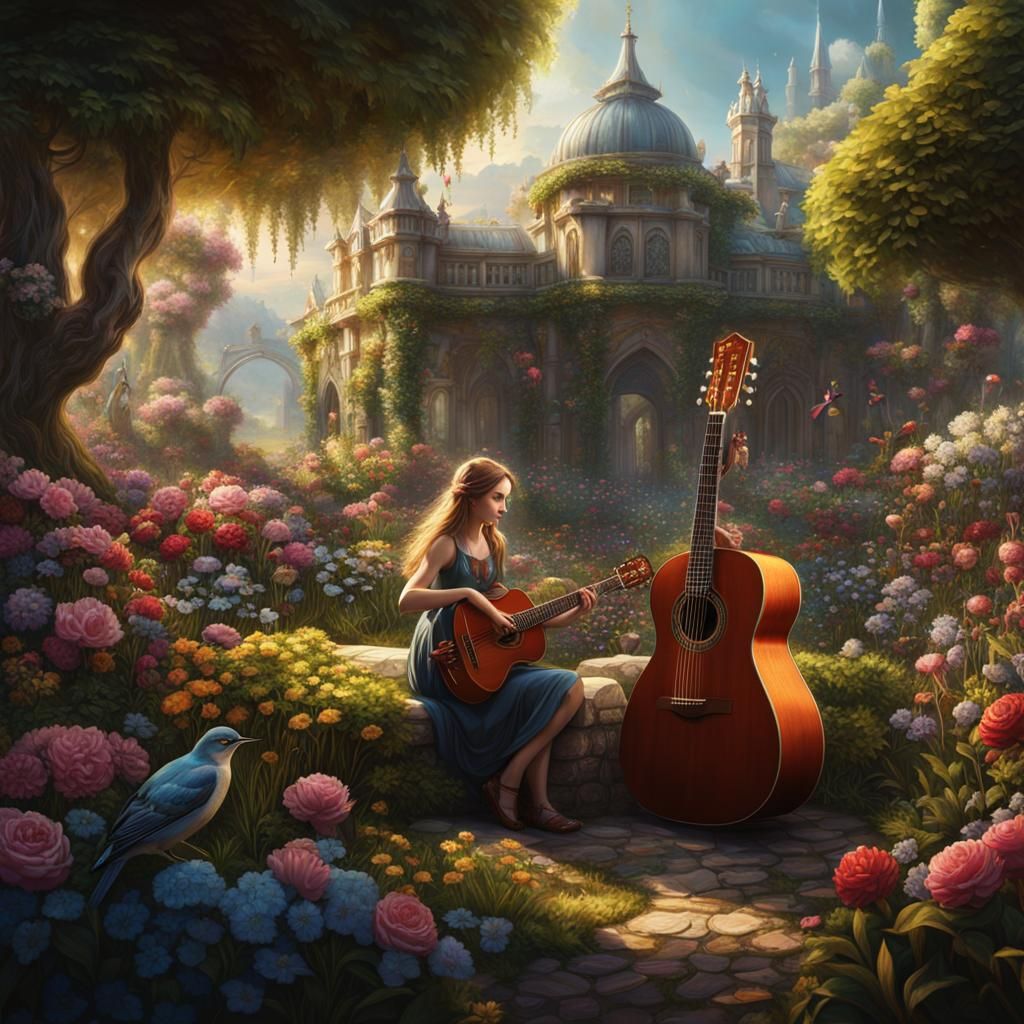 Girl Plays Guitar in Floral Garden: Fantasy Art