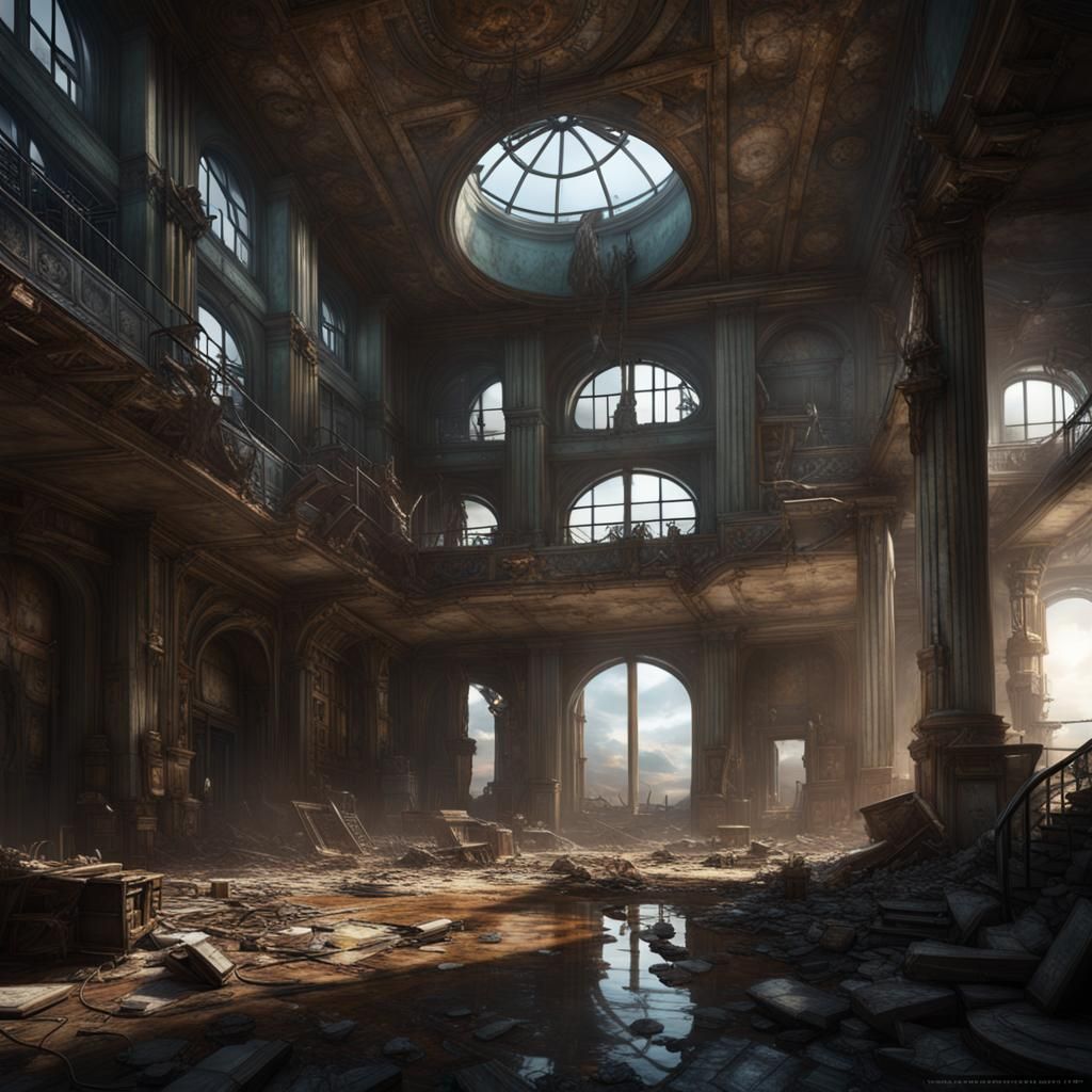 Post-Apocalyptic Ruined Hotel in Dark Fantasy Style