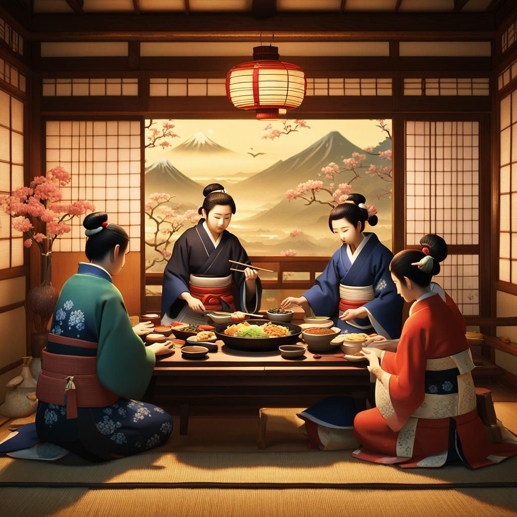Japanese Family Meal: Folk Art in Warm Tones