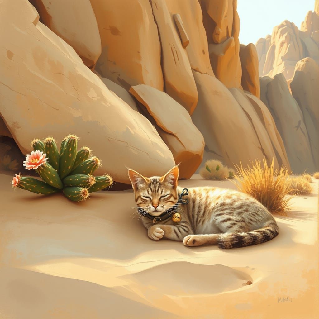 Desert Cat Sleeping: Painterly Golden Landscape
