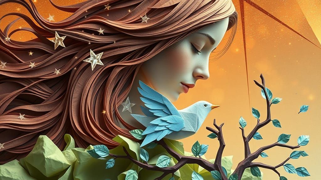 Woman Embracing Bird Amidst Starry Plasma Portals