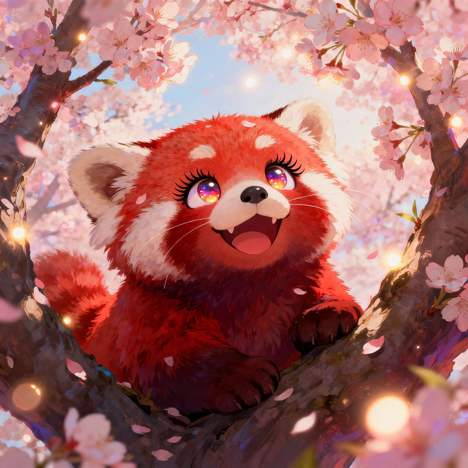 Excited Red Panda in Cherry Blossom Tree Digital Painting