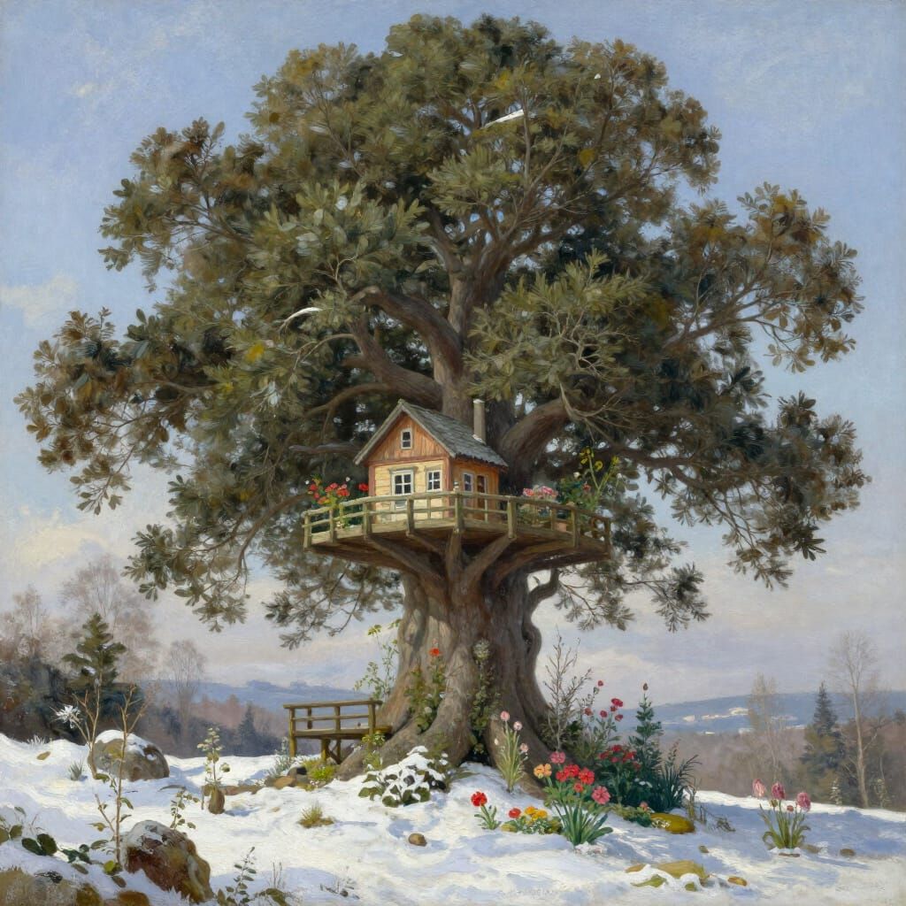 Colossal Ancient Tree House in Winter Oil Painting