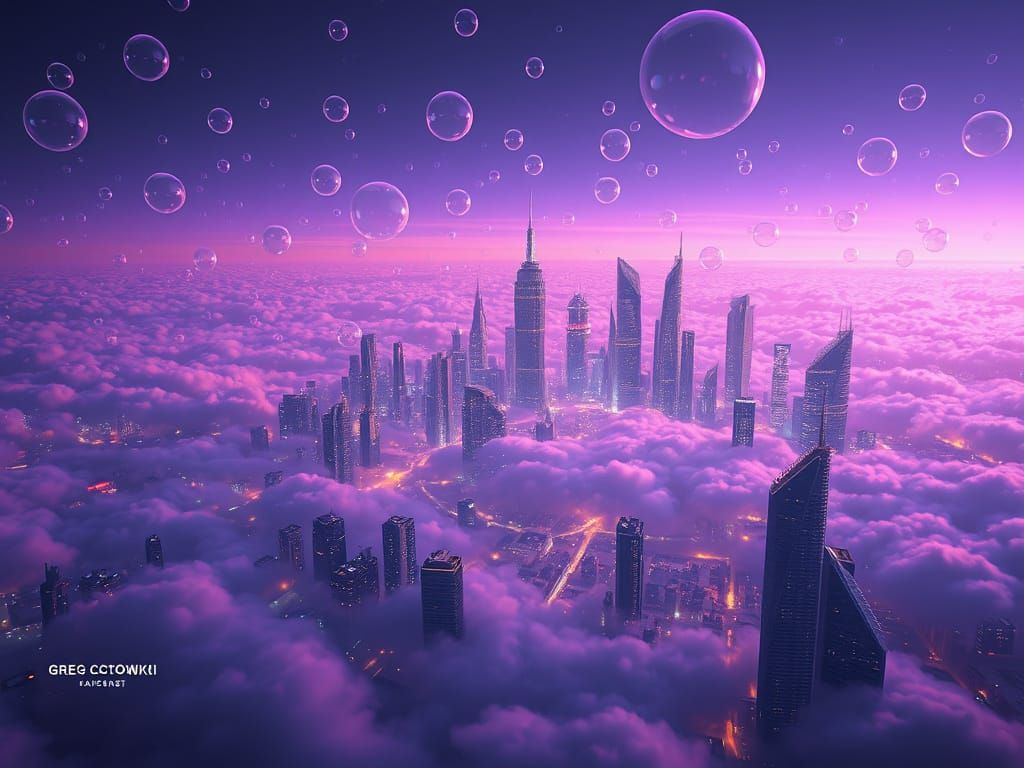 Iridescent Bubble City Floating Above Clouds