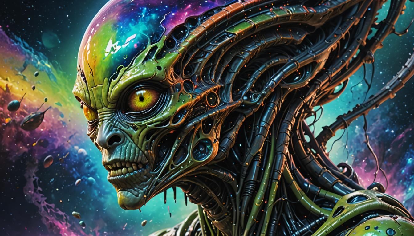 Hyperrealistic Alien Life Form with Cosmic Travel