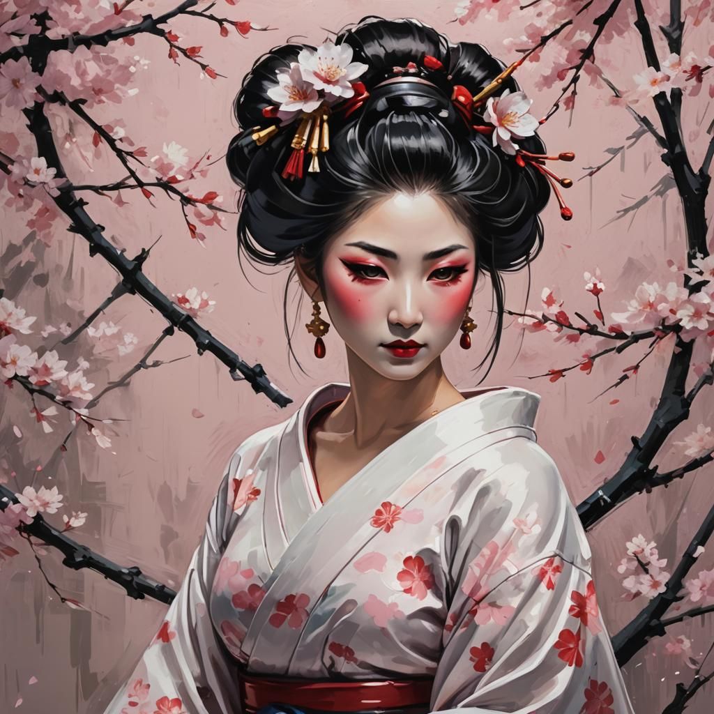 Ethereal Geisha in Cherry Blossom Garden