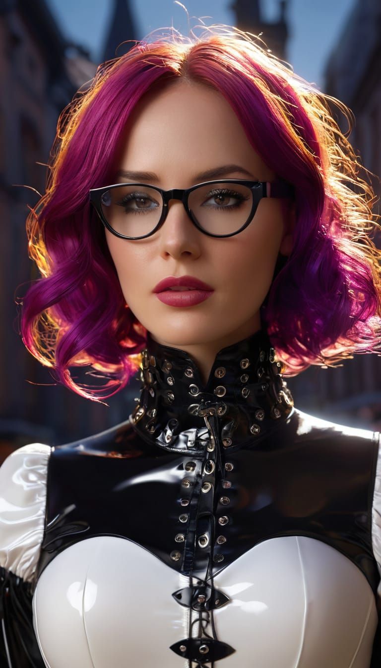 A woman with very long red hair and glasses stands confident...