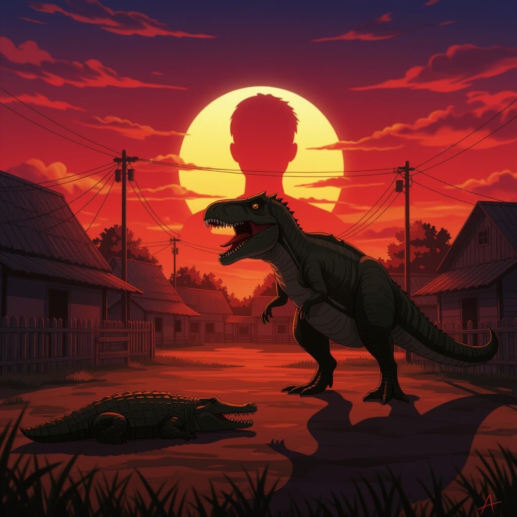 Eerie Village Scene with Hybrid Creature, in Anime Style