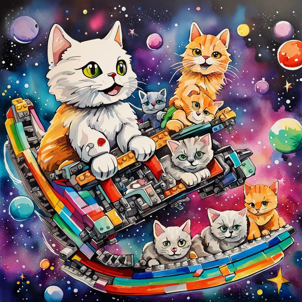 Watercolor Lego Kittens Ride a Glittery Space Rollercoaster