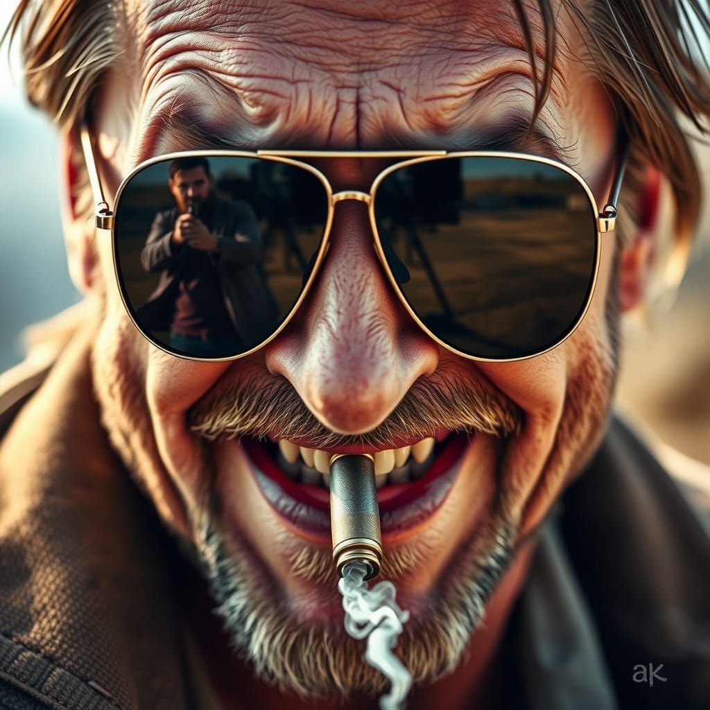 Intense Man with Bullet and Aviator Sunglasses