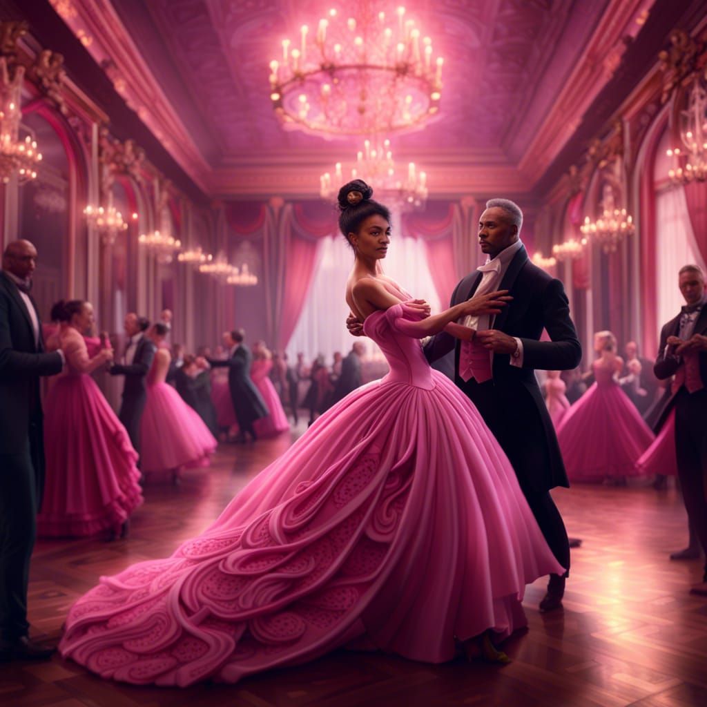 Woman in Pink Ballgown in Fantastical Ballroom