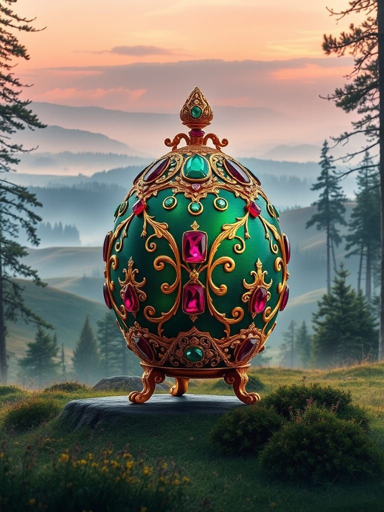 Golden Fabergé Egg with Gemstones in a Misty Forest Landscap...