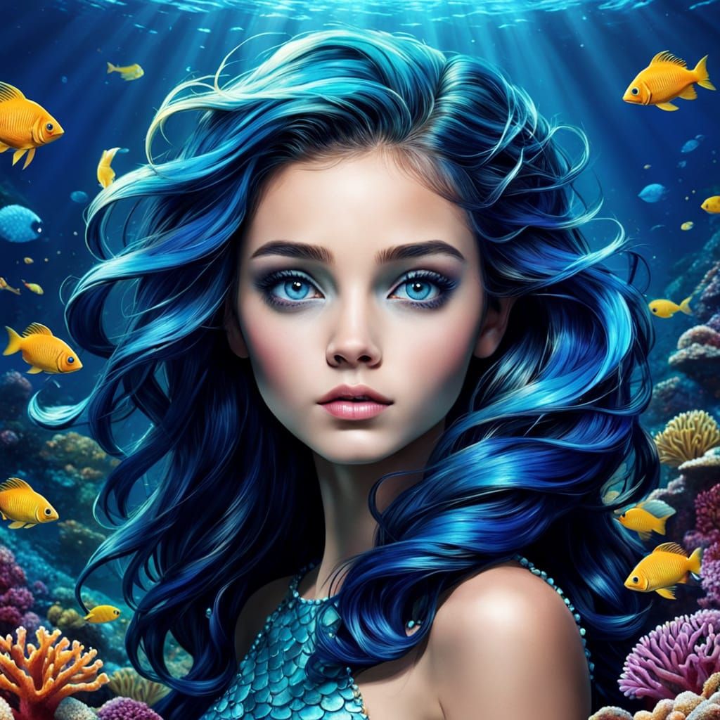 Siren in Vibrant Coral Reef with Iridescent Scales and Color...