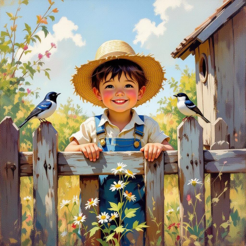 Boy with Straw Hat in Gouache Impressionist Style