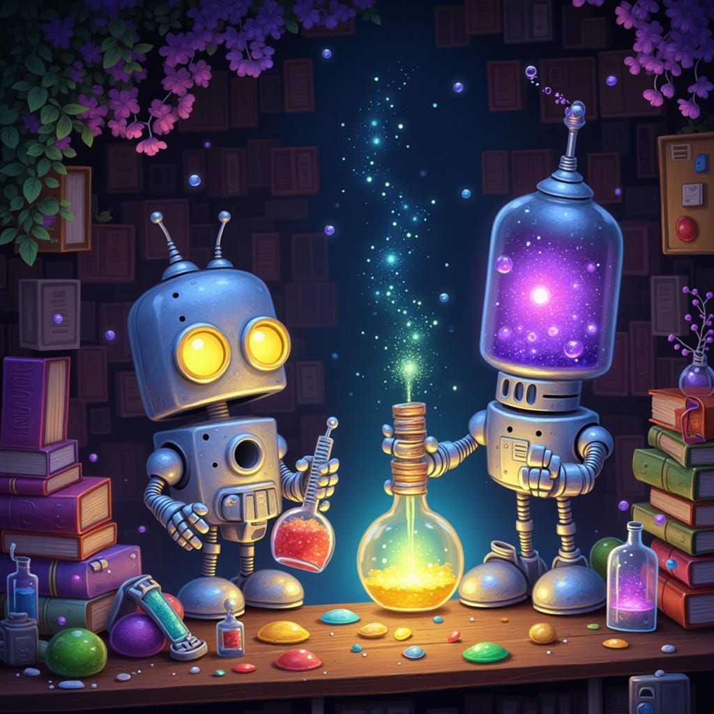 Robots Brew Magical Potions in Surreal Alchemical Lab