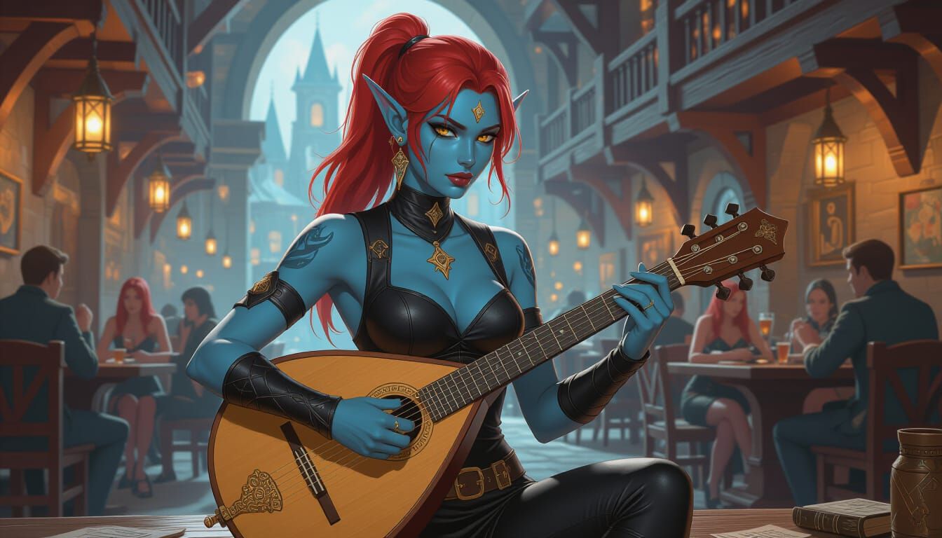 Dark Fantasy Elf Bard with Silver Lute in Tavern