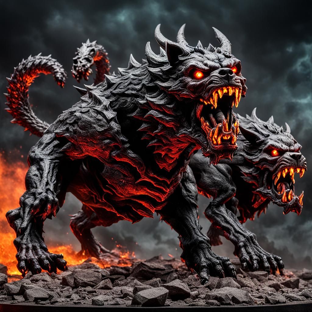 inferno with 3 headed hellhound in foreground