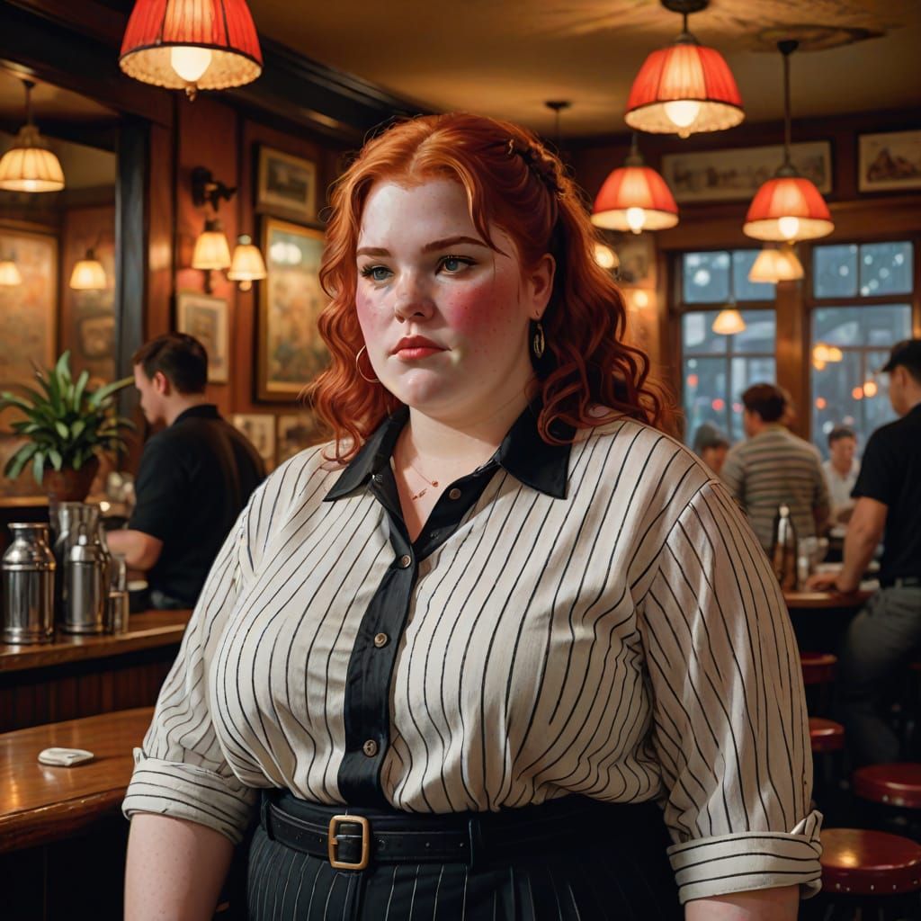 Ethereal Fantasy: Red-Haired Woman in Cozy Jazz Cafe