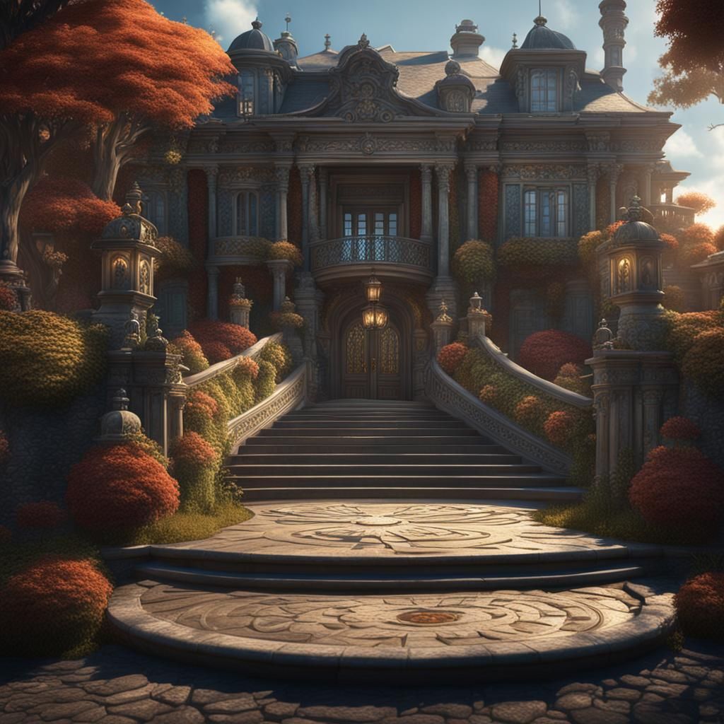 Country Mansion Entrance with Winding Staircase