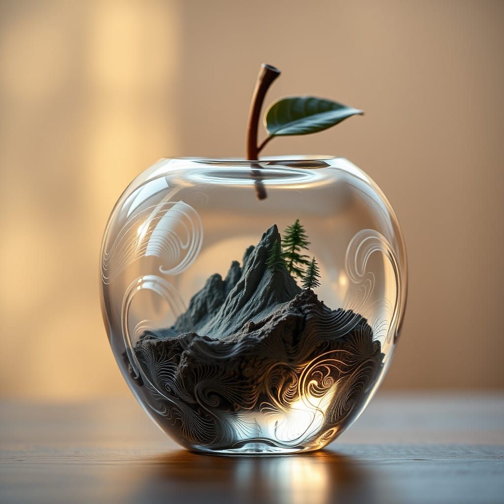 Ethereal Glass Apple Containing Miniature Mountain Landscape