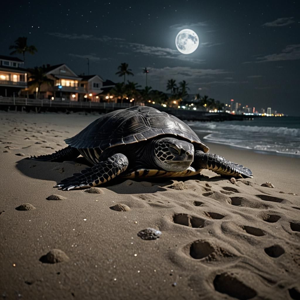 Leatherback Turtle Nesting on a Moonlit Beach