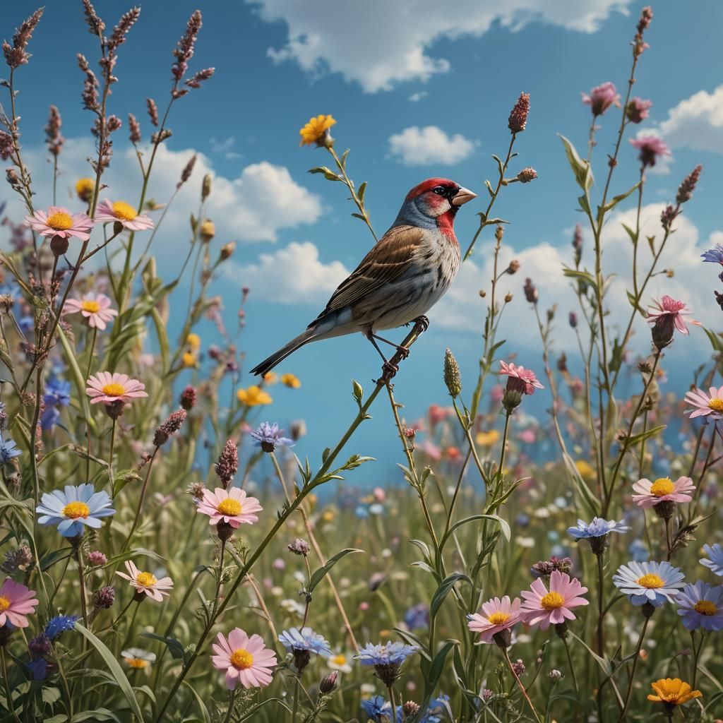 Finch in Dreamlike Flower Field Landscape