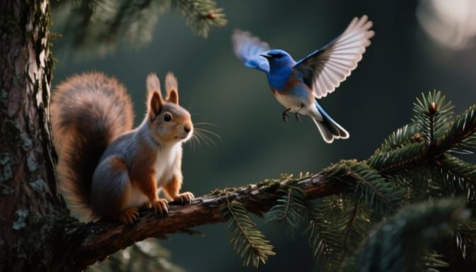 Squirrel and Bluebird on Fir Branch, Cinematic Film Still