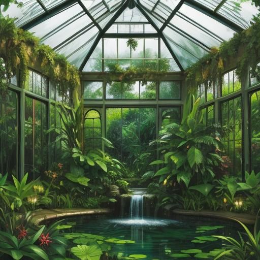 stained glass tropical home greenhouse fireplace pond