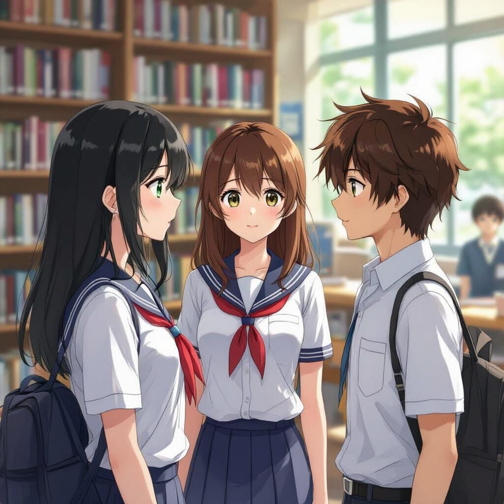 High School Students Chatting in Library, Anime Style