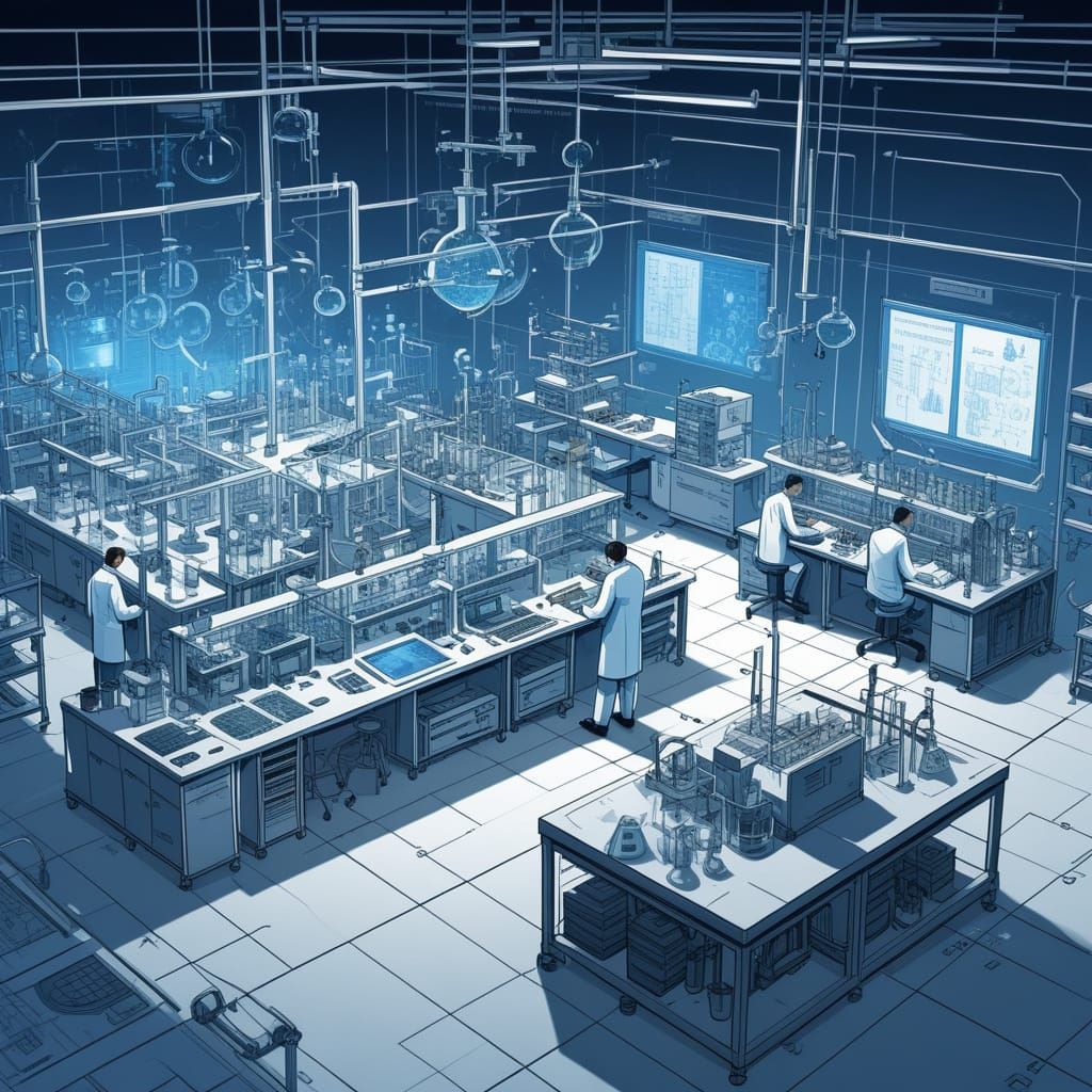 Scientist in Futuristic Lab with Blueprints