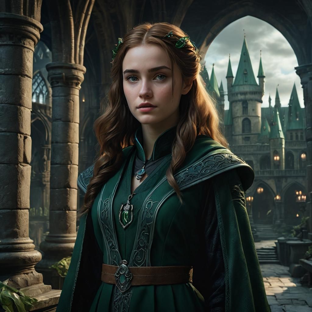 Slytherin Girl in Hogwarts Corridor, Arthur Rackham Style