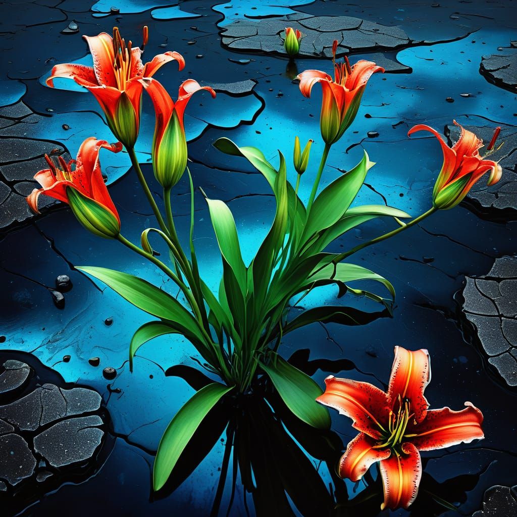 Surreal Lilies on Lunar Surface in Alcohol Ink Style