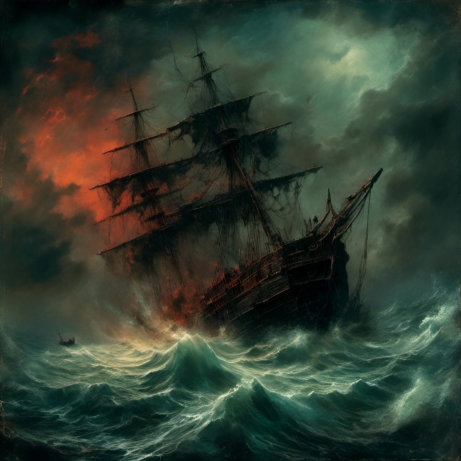 Demonic Ship Amidst Stormy Seas: Macabre Illustration