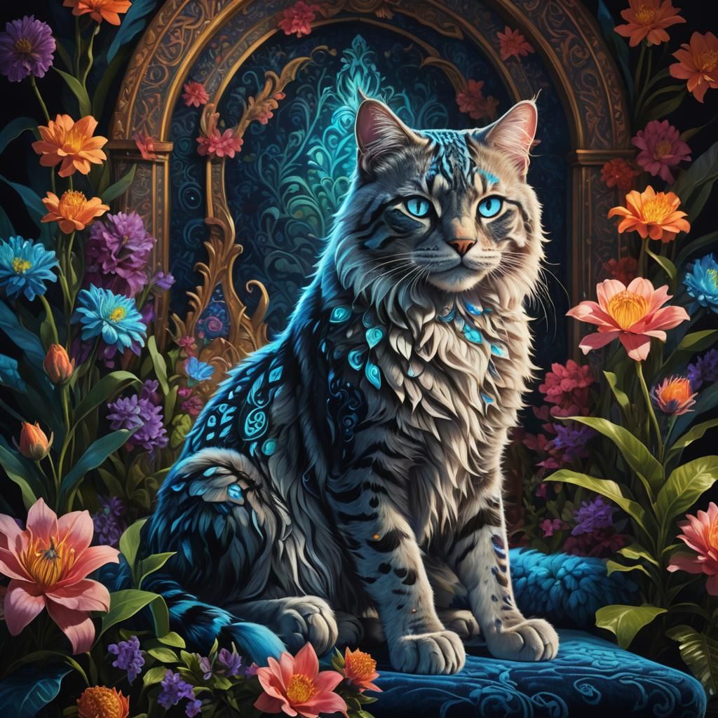 Bioluminescent Fantasy Feline on Velvet Throne