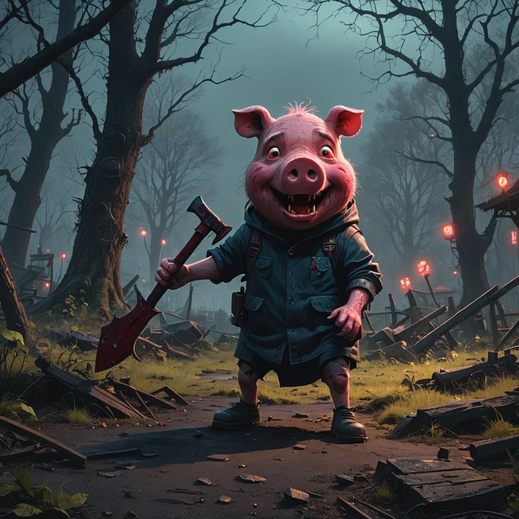 Demonic Peppa Pig in Haunted Playground: Dark Fantasy Art