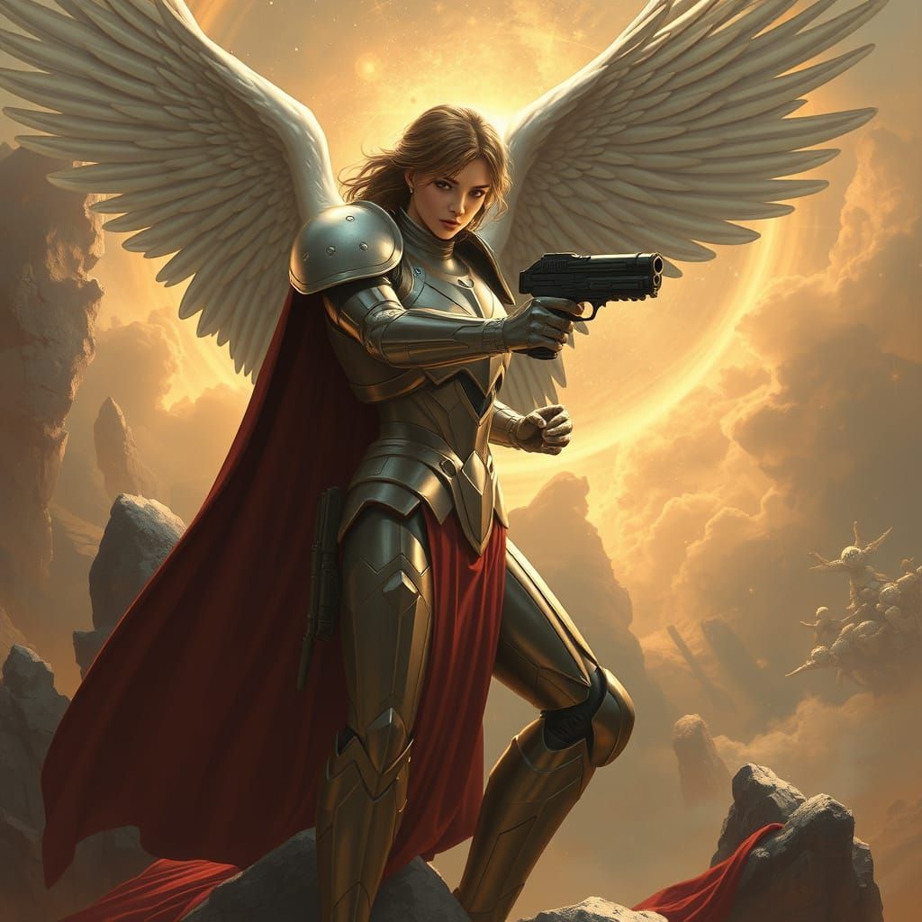 Armored Angel with Blaster in Sci-Fi Landscape