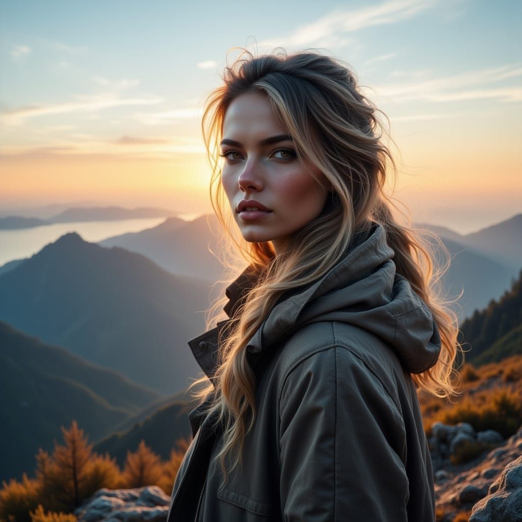 Woman on Mountain Peak with Ethereal Skyline