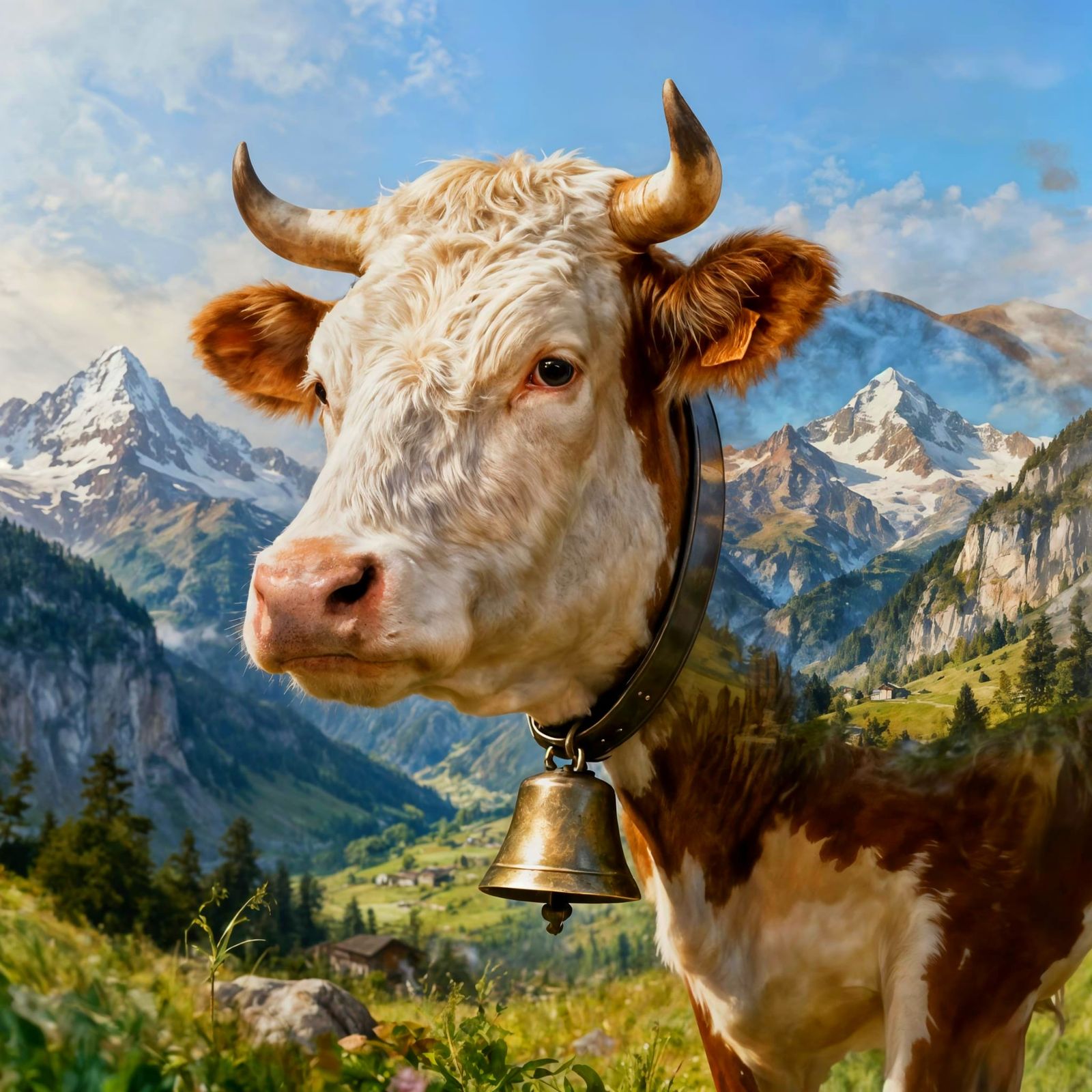 Cute Cow with Double Exposure Bell in Swiss Alps