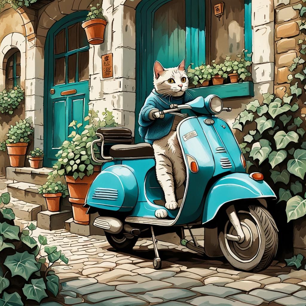 Cat Humanoid on Vespa: Marker Illustration on Tracing Paper