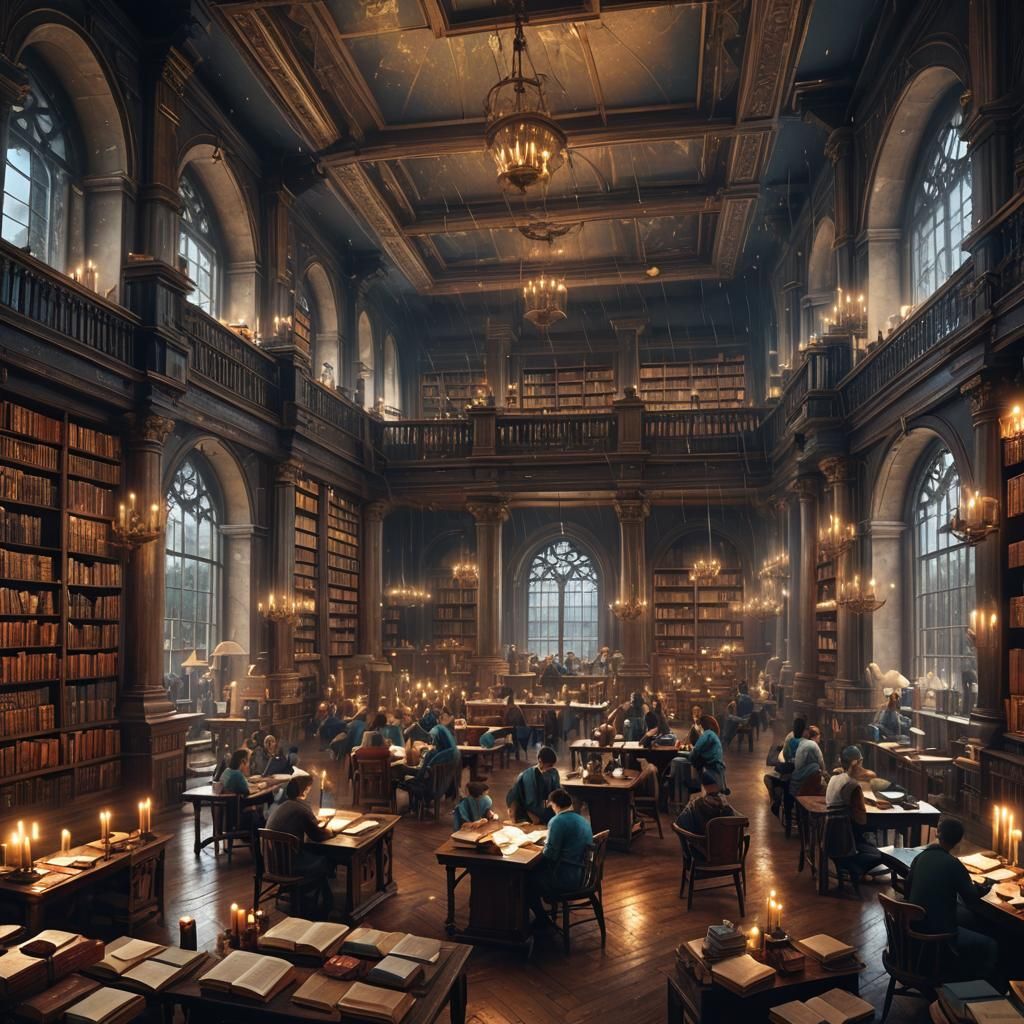 Dark Academia Library Scene with Students