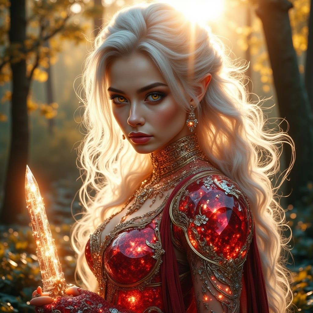Elven Warrior in Sunlit Forest with Crystal Armor