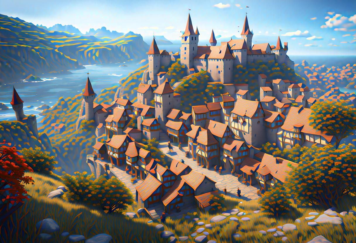 Medieval Town Overlooking Sea: Fantasy Concept Art