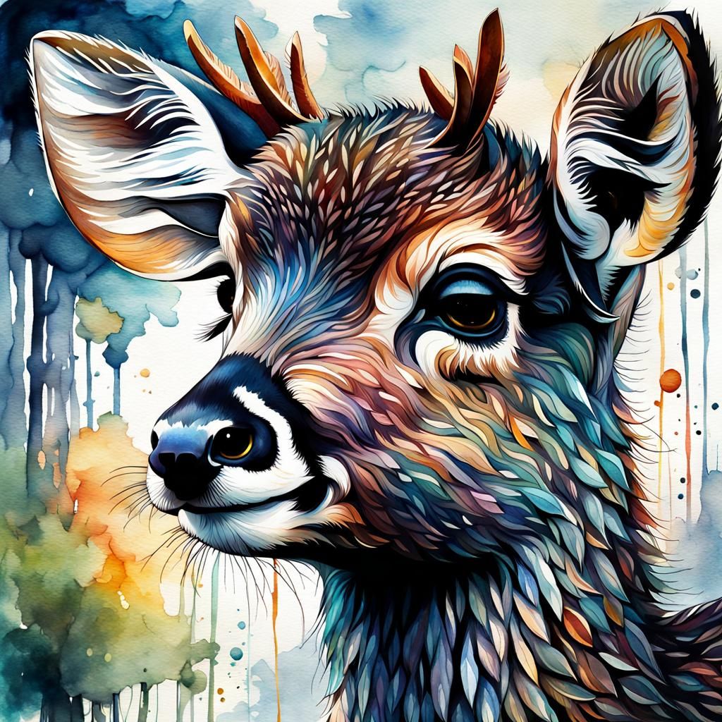 Cute Tufted Deer Cubist Watercolor Illustration