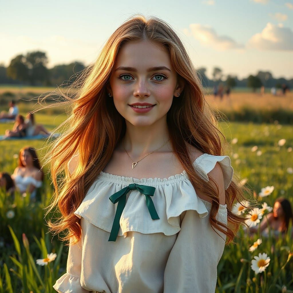 Hyperrealistic Portrait of Auburn-Haired Woman in Sunlit Mea...