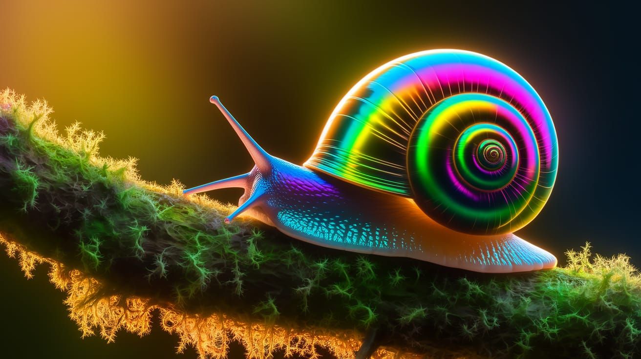 Iridescent Snail on Moss in Oil Painting Style